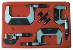Value Collection - 0 to 75mm Range, 3 Piece Mechanical Outside Micrometer Set - 0.01mm Graduation, 0.000160, 0.000200 Accuracy, Ratchet Stop Thimble, Carbide Tipped, Forged Steel (Frame) Face - Eagle Tool & Supply