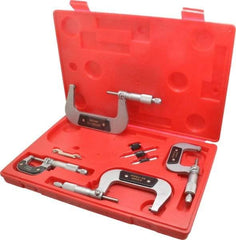 Value Collection - 0 to 100mm Range, 4 Piece Mechanical Outside Micrometer Set - 0.01mm Graduation, 0.000160, 0.000200 Accuracy, Ratchet Stop Thimble, Carbide Tipped, Forged Steel (Frame) Face - Eagle Tool & Supply