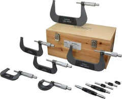 Value Collection - 0 to 150mm Range, 6 Piece Mechanical Outside Micrometer Set - 0.01mm Graduation, 0.000160, 0.000200, 0.000240 Accuracy, Ratchet Stop Thimble, Carbide Tipped, Forged Steel (Frame) Face - Eagle Tool & Supply