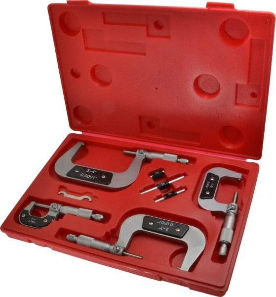 Value Collection - 0 to 4" Range, 4 Piece Mechanical Outside Micrometer Set - 0.0001" Graduation, 0.000160, 0.000200 Accuracy, Ratchet Stop Thimble, Carbide Tipped, Forged Steel (Frame) Face - Eagle Tool & Supply