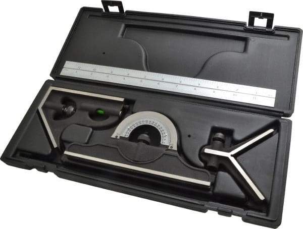 TESA Brown & Sharpe - 4 Piece, 12" Combination Square Set - 1/16, 1/32, 1/64 & 1/8" (4R) Graduation, Hardened Steel Blade, Hardened Steel Center, Protractor & Square Head - Eagle Tool & Supply