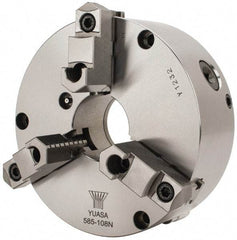 Yuasa - 3 Jaws, 8" Diam, Self Centering Manual Lathe Chuck - Plain Back Mount Spindle, Adjustable, Reversible, 2.4803" Through Hole Diam, 0.0005" Axial Runout, Cast Iron - Eagle Tool & Supply