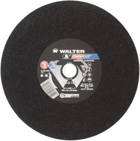 WALTER Surface Technologies - 14" 30 Grit Aluminum Oxide Cutoff Wheel - 3/32" Thick, 1" Arbor, 4,400 Max RPM, Use with Electric & Gas Powered Saws - Eagle Tool & Supply