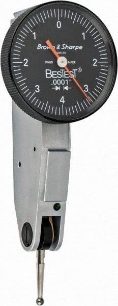 TESA Brown & Sharpe - 0.008 Inch Range, 0.0001 Inch Dial Graduation, Horizontal Dial Test Indicator - 1 Inch Black Dial, 0-4-0 Dial Reading - Eagle Tool & Supply
