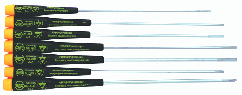 7 Piece - Precision ESD Safe Slotted & Phillips Extra Long Screwdriver Set - #27393 - Slotted 2.0 - 4.0mm; Phillips # 0; 1 x 150mm - Eagle Tool & Supply