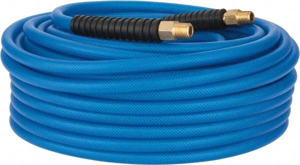 PRO-SOURCE - 1/4" ID x 0.4331" OD 100' Long Multipurpose Air Hose - MNPT(Swivel) x MNPT(Swivel) Ends, 300 Working psi, -40 to 176°F, 1/4" Fitting, Transparent Blue - Eagle Tool & Supply