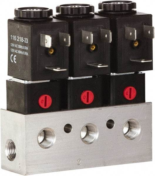 ARO/Ingersoll-Rand - 1/8", CAT Series 3-Way 2-Position Bar Manifold Stacking Solenoid Valve - 24 VDC, 0.062 CV Rate, 3.275" High x 4" Long - Eagle Tool & Supply