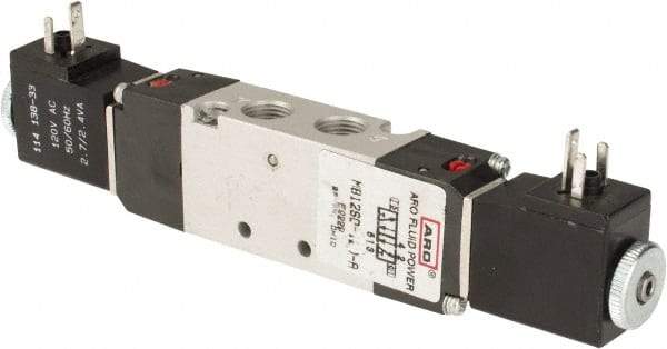 ARO/Ingersoll-Rand - 1/8" Inlet x 1/8" Outlet, Solenoid Actuator, Solenoid Return, 2 Position, Body Ported Solenoid Air Valve - 24 VDC Input, 0.7 CV, 4 Way, 115 psi, 122° Max Temp - Eagle Tool & Supply
