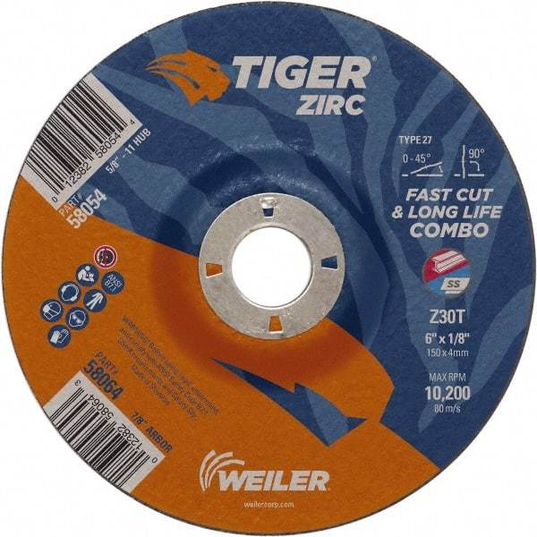 Weiler - 30 Grit, 9" Wheel Diam, 7/8" Arbor Hole, Type 27 Depressed Center Wheel - Hard Grade, Zirconia Alumina, T Hardness, 10,200 Max RPM - Eagle Tool & Supply