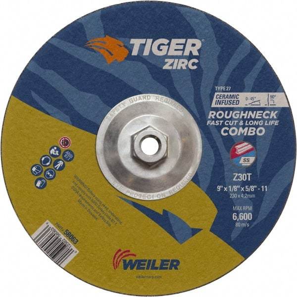 Weiler - 30 Grit, 9" Wheel Diam, Type 27 Depressed Center Wheel - Hard Grade, Zirconia Alumina, T Hardness, 6,600 Max RPM - Eagle Tool & Supply