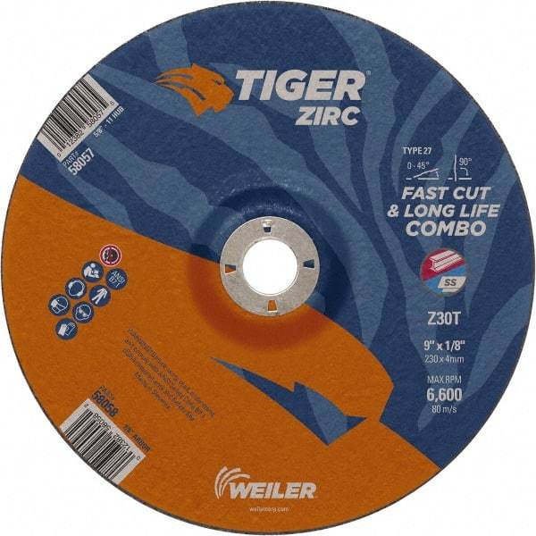 Weiler - 30 Grit, 9" Wheel Diam, 7/8" Arbor Hole, Type 27 Depressed Center Wheel - Hard Grade, Zirconia Alumina, T Hardness, 6,600 Max RPM - Eagle Tool & Supply