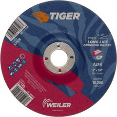 Weiler - 24 Grit, 6" Wheel Diam, 7/8" Arbor Hole, Type 27 Depressed Center Wheel - Medium Grade, Aluminum Oxide, R Hardness, 10,200 Max RPM - Eagle Tool & Supply