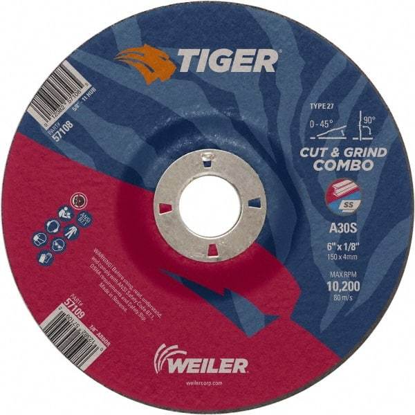 Weiler - 30 Grit, 6" Wheel Diam, 7/8" Arbor Hole, Type 27 Depressed Center Wheel - Medium Grade, Aluminum Oxide, S Hardness, 10,200 Max RPM - Eagle Tool & Supply