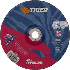 Weiler - 60 Grit, 9" Wheel Diam, 7/8" Arbor Hole, Type 27 Depressed Center Wheel - Hard Grade, Aluminum Oxide, T Hardness, 6,600 Max RPM - Eagle Tool & Supply