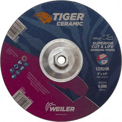 Weiler - 24 Grit, 9" Wheel Diam, Type 27 Depressed Center Wheel - Medium Grade, Ceramic, R Hardness, 6,600 Max RPM - Eagle Tool & Supply
