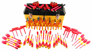 66 Piece - Insulated Tool Set with Pliers; Cutters; Nut Drivers; Screwdrivers; T Handles; Knife; Sockets & 3/8" Drive Ratchet w/Extension; Adjustable Wrench - Eagle Tool & Supply