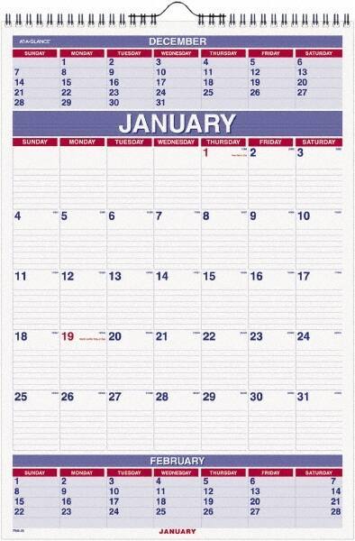 AT-A-GLANCE - 12 Sheet, 8-3/4 x 10", Wall Calendar - White - Eagle Tool & Supply