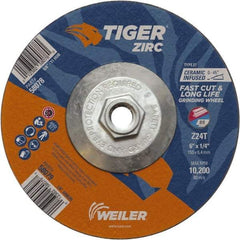 Weiler - 24 Grit, 6" Wheel Diam, Type 27 Depressed Center Wheel - Hard Grade, Zirconia Alumina, T Hardness, 10,200 Max RPM - Eagle Tool & Supply