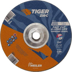 Weiler - 24 Grit, 9" Wheel Diam, Type 27 Depressed Center Wheel - Hard Grade, Zirconia Alumina, T Hardness, 6,600 Max RPM - Eagle Tool & Supply