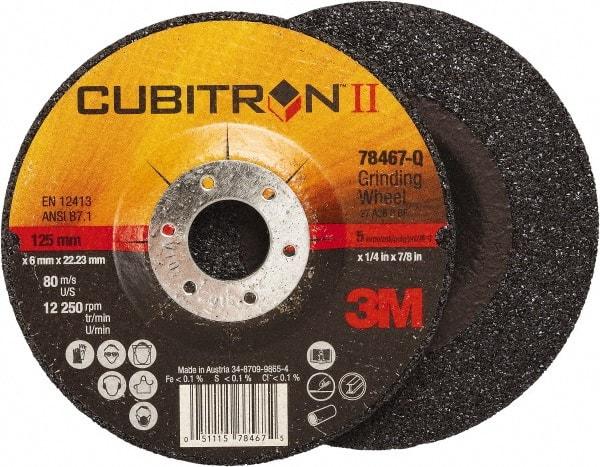 3M - 36 Grit, 5" Wheel Diam, 1/4" Wheel Thickness, 7/8" Arbor Hole, Type 27 Depressed Center Wheel - Coarse Grade, Ceramic, Resinoid Bond, Q Hardness, 12,250 Max RPM, Compatible with Angle Grinder - Eagle Tool & Supply