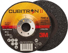 3M - 36 Grit, 5" Wheel Diam, 1/4" Wheel Thickness, 7/8" Arbor Hole, Type 27 Depressed Center Wheel - Coarse Grade, Ceramic, Resinoid Bond, Q Hardness, 12,250 Max RPM, Compatible with Angle Grinder - Eagle Tool & Supply