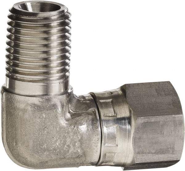 Made in USA - 3/8" Grade 316 Stainless Steel Pipe 90° Elbow - MNPT x NPSM Swivel End Connections, 4,000 psi - Eagle Tool & Supply