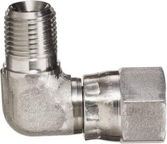 Made in USA - 3/8" Tube OD, 37° Stainless Steel Flared Tube Male Elbow - 7/16-20 NPT, Female Flare x MNPT Ends - Eagle Tool & Supply