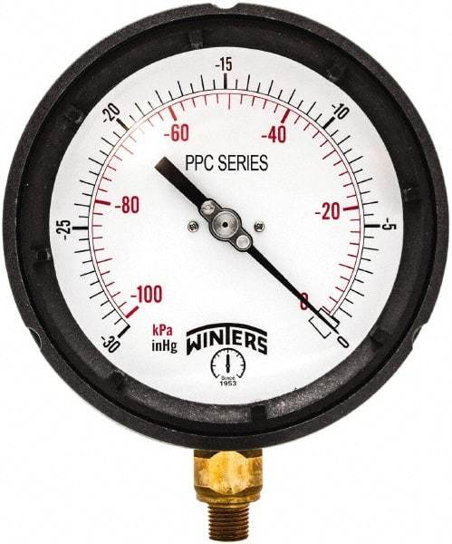 Winters - 4-1/2" Dial, 1/4 Thread, 30" HG Vac Scale Range, Pressure Gauge - Bottom Connection Mount, Accurate to ±0.5% of Scale - Eagle Tool & Supply