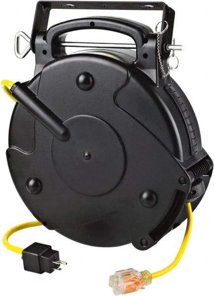 Value Collection - 12 AWG, 65' Cable Length, Cord & Cable Reel with Single Nema 5-15 End - 1 Outlet, NEMA 5-15R, 15 Amps, 120 Volts, SJTOW Cable, Black Reel, Spring Driven Reel - Eagle Tool & Supply