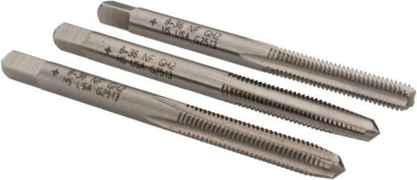 Cleveland - #8-36 UNF, 4 Flute, Bottoming, Plug & Taper, Bright Finish, High Speed Steel Tap Set - Right Hand Cut, 2-1/8" OAL, 0.38" Thread Length - Eagle Tool & Supply
