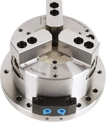 Samchully - 3 Jaw, 255mm Chuck Diam, Plain Back Mount, 0mm Through Hole Diam, Self-Contained Hydraulic Power Lathe Chuck - 1.5mm x 60° Serrated Jaw Interface, Steel Body - Eagle Tool & Supply