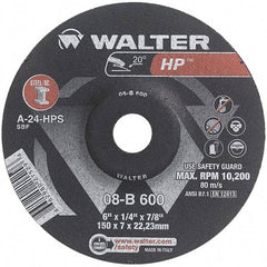 WALTER Surface Technologies - 24 Grit, 6" Wheel Diam, 1/4" Wheel Thickness, 7/8" Arbor Hole, Type 27 Depressed Center Wheel - Aluminum Oxide, Resinoid Bond, 10,200 Max RPM - Eagle Tool & Supply