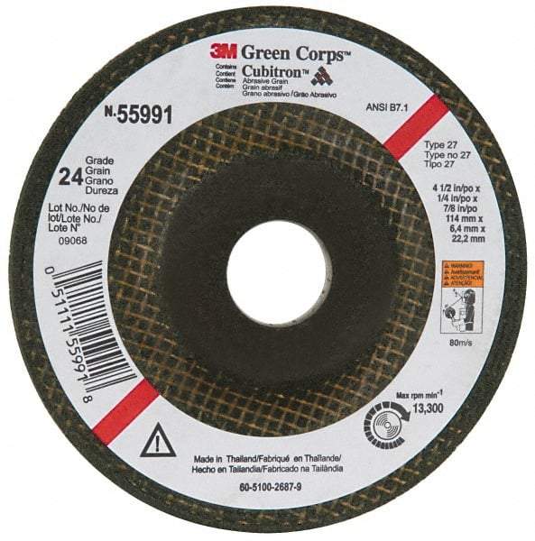3M - 24 Grit, 4-1/2" Wheel Diam, 1/4" Wheel Thickness, 7/8" Arbor Hole, Type 27 Depressed Center Wheel - Ceramic, 13,300 Max RPM, Compatible with Angle Grinder - Eagle Tool & Supply