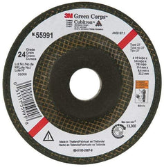 3M - 24 Grit, 4-1/2" Wheel Diam, 1/4" Wheel Thickness, 7/8" Arbor Hole, Type 27 Depressed Center Wheel - Ceramic, 13,300 Max RPM, Compatible with Angle Grinder - Eagle Tool & Supply