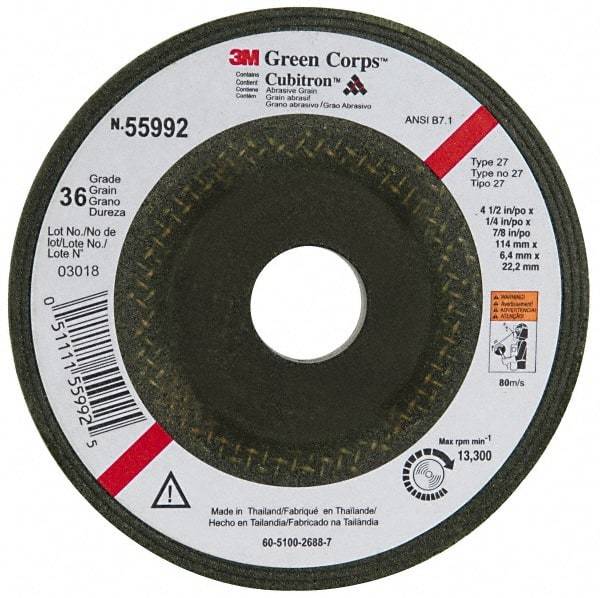 3M - 36 Grit, 4-1/2" Wheel Diam, 1/4" Wheel Thickness, 7/8" Arbor Hole, Type 27 Depressed Center Wheel - Ceramic, 13,300 Max RPM, Compatible with Angle Grinder - Eagle Tool & Supply