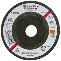 3M - 36 Grit, 4-1/2" Wheel Diam, 1/4" Wheel Thickness, 7/8" Arbor Hole, Type 27 Depressed Center Wheel - Ceramic, 13,300 Max RPM, Compatible with Angle Grinder - Eagle Tool & Supply