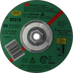 3M - 36 Grit, 7" Wheel Diam, 1/8" Wheel Thickness, Type 27 Depressed Center Wheel - Ceramic, 8,500 Max RPM, Compatible with Angle Grinder - Eagle Tool & Supply