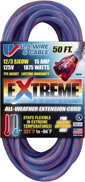 Value Collection - 50', 12/3 Gauge/Conductors, Blue/Pink Indoor & Outdoor Extension Cord - 1 Receptacle, 15 Amps, 125 Volts, UL SJEOW, NEMA 5-15P - Eagle Tool & Supply