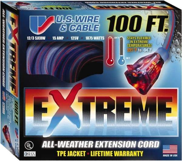 Value Collection - 100', 12/3 Gauge/Conductors, Blue/Pink Indoor & Outdoor Extension Cord - 1 Receptacle, 15 Amps, 125 Volts, UL SJEOW, NEMA 5-15P - Eagle Tool & Supply
