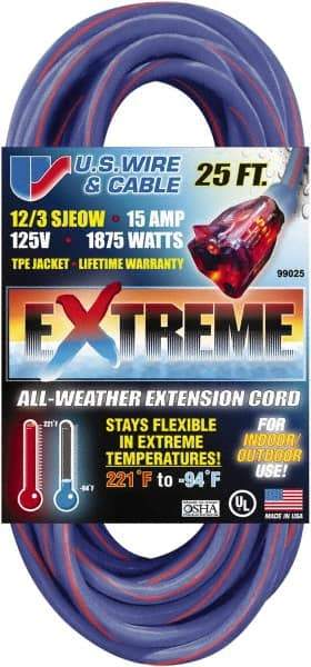 Value Collection - 25', 12/3 Gauge/Conductors, Blue/Pink Indoor & Outdoor Extension Cord - 1 Receptacle, 15 Amps, 125 Volts, UL SJEOW, NEMA 5-15P - Eagle Tool & Supply