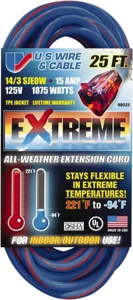 Value Collection - 25', 14/3 Gauge/Conductors, Blue/Pink Indoor & Outdoor Extension Cord - 1 Receptacle, 15 Amps, 125 Volts, UL SJEOW, NEMA 5-15P - Eagle Tool & Supply