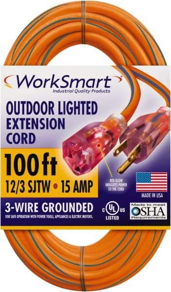 Value Collection - 100', 12/3 Gauge/Conductors, Orange/Blue Outdoor Extension Cord - 1 Receptacle, 15 Amps, UL SJTW, NEMA 5-15P - Eagle Tool & Supply