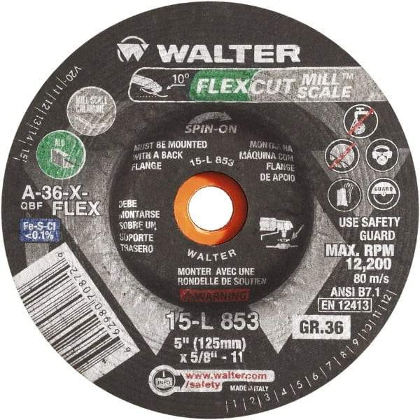 WALTER Surface Technologies - 36 Grit, 7" Wheel Diam, 3/16" Wheel Thickness, 7/8" Arbor Hole, Type 29 Depressed Center Wheel - Aluminum Oxide, 8,600 Max RPM - Eagle Tool & Supply