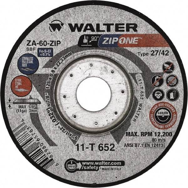 WALTER Surface Technologies - 60 Grit, 5" Wheel Diam, 1/32" Wheel Thickness, 7/8" Arbor Hole, Type 27 Depressed Center Wheel - Zirconia Alumina, Resinoid Bond, 12,200 Max RPM - Eagle Tool & Supply