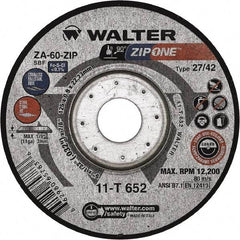 WALTER Surface Technologies - 60 Grit, 4-1/2" Wheel Diam, 1/32" Wheel Thickness, 7/8" Arbor Hole, Type 27 Depressed Center Wheel - Zirconia Alumina, Resinoid Bond, 13,300 Max RPM - Eagle Tool & Supply