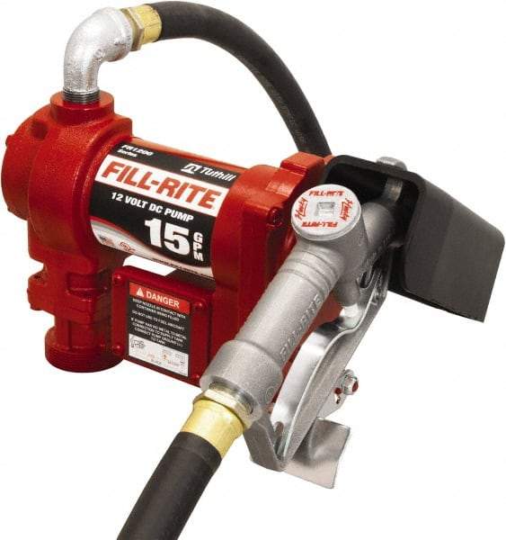 Tuthill - 15 GPM, 3/4" Hose Diam, DC Tank Pump with Manual Nozzle - 1" Inlet, 3/4" Outlet, 12 Volts, 12' Hose Length, 1/4 hp - Eagle Tool & Supply