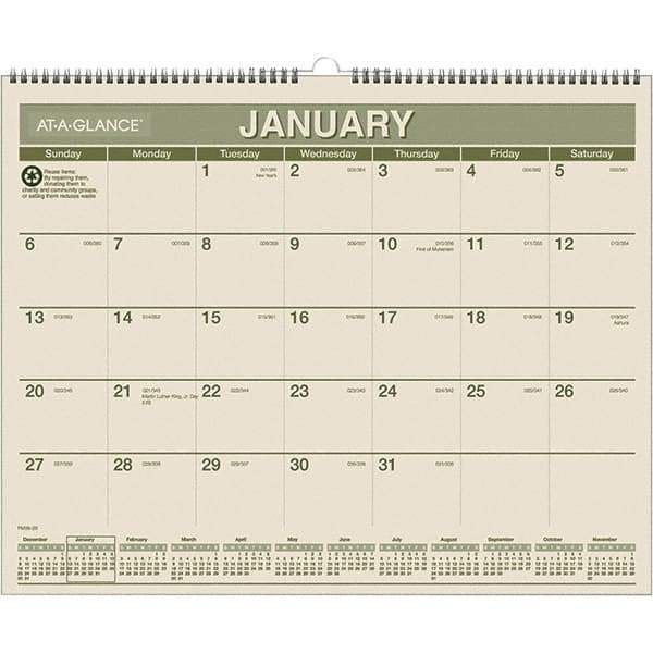 AT-A-GLANCE - 12 Sheet, 15 x 12", Wall Calendar - Green & White - Eagle Tool & Supply