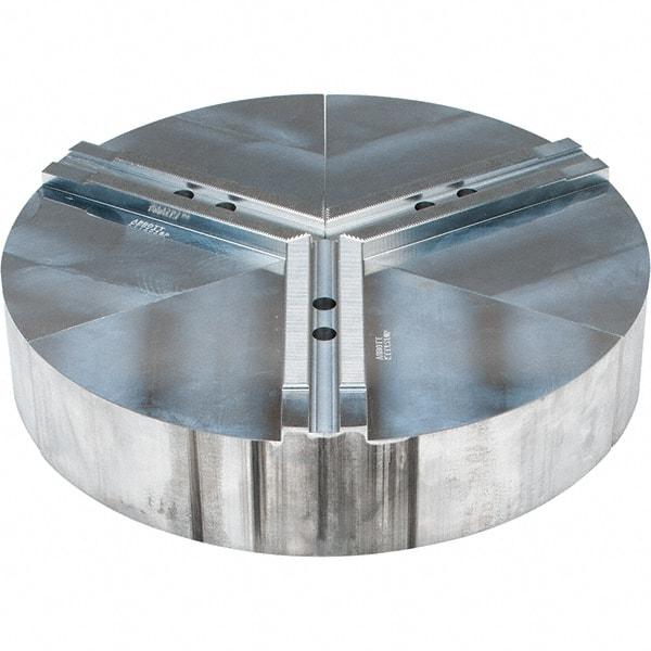 Abbott Workholding Products - 10" Max Chuck Capacity, 1.5mm x 60° Serrated Interface, Round Soft Lathe Chuck Jaw - 3 Jaw, Aluminum, 1.1811" Btw Mount Hole Ctrs, 15" Wide, 3" High, 12mm Fastener - Eagle Tool & Supply