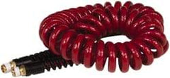 PRO-SOURCE - 1/4" ID, 1/4 Thread, 15' Long, Red Polyurethane Coiled & Self Storing Hose - 220 Max psi, Male Swivel x Male Swivel - Eagle Tool & Supply