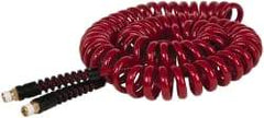 PRO-SOURCE - 1/4" ID, 1/4 Thread, 25' Long, Red Polyurethane Coiled & Self Storing Hose - 220 Max psi, Male Swivel x Male Swivel - Eagle Tool & Supply
